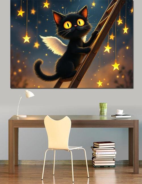 Yıldızlı Gece Kara Kedi Dekoratif Kanvas - Mdf Ahşap Tablo