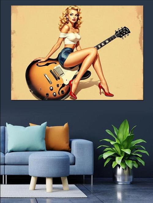 Gitarla Pin-Up Kız Figürü Dekoratif Kanvas - Mdf Ahşap Tablo