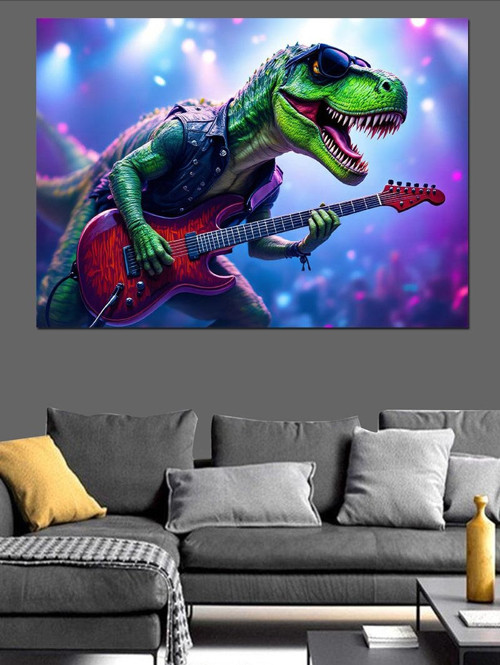 Gitar Çalan Renkli Dinozor Dekoratif Kanvas - Mdf Ahşap Tablo