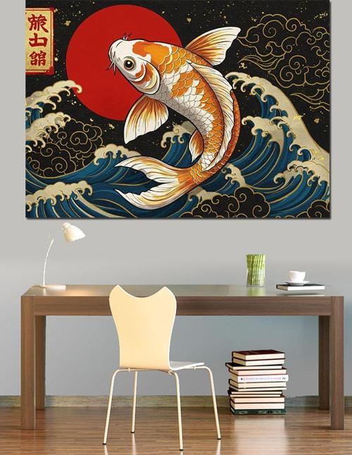 Altın Koi Balığı Deseni Dekoratif Kanvas - Mdf Ahşap Tablo
