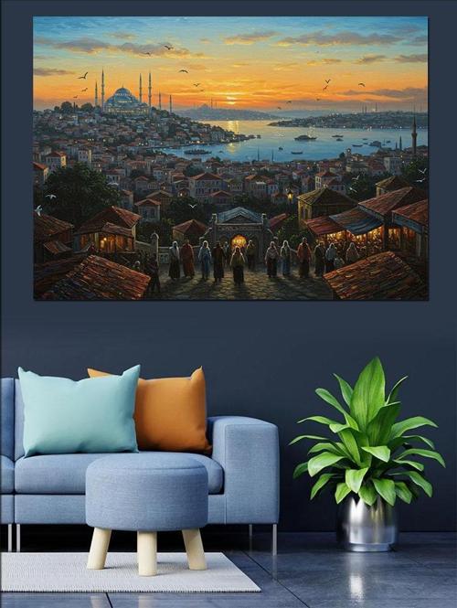 Tepeden İstanbul Manzarası Akşamı Dekoratif Kanvas - Mdf Ahşap Tablo