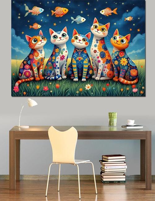 Renkli Balıklı Kedi Grubu Dekoratif Kanvas - Mdf Ahşap Tablo
