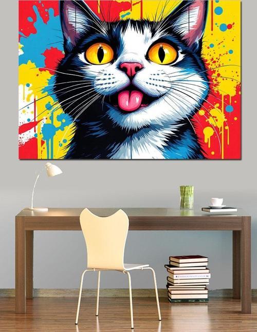 Renkli Patili Komik Kedi Dekoratif Kanvas - Mdf Ahşap Tablo