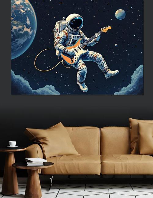 Uzayda Gitar Çalan Astronot Dekoratif Kanvas - Mdf Ahşap Tablo