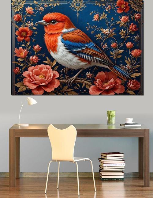 Çiçek Desenli Renkli Kuş Dekoratif Kanvas - Mdf Ahşap Tablo