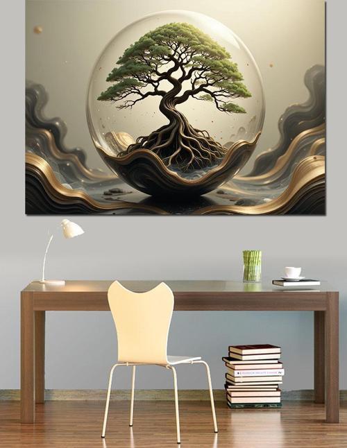 Dairesel Bonsai Ağaç Kompozisyonu Dekoratif Kanvas - Mdf Ahşap Tablo