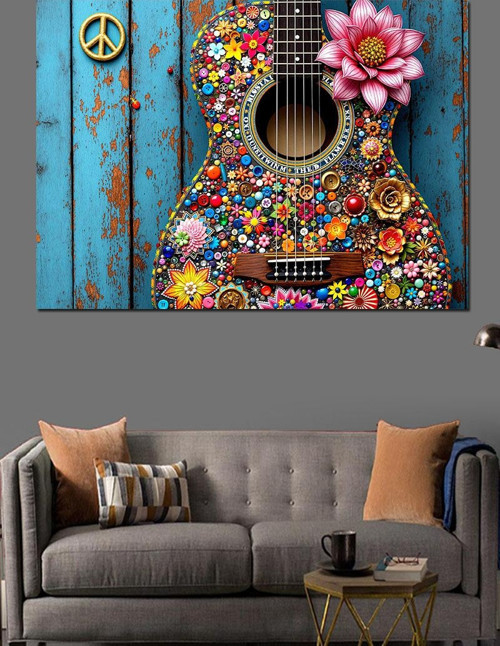 Renkli Çiçekli Akustik Gitar Dekoratif Kanvas - Mdf Ahşap Tablo