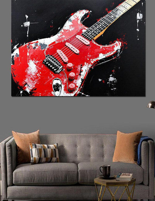 Kırmızı Elektro Gitar Dekoratif Kanvas - Mdf Ahşap Tablo