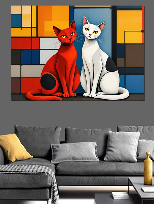 Soyut İki Kedi Dekoratif Kanvas - Mdf Ahşap Tablo