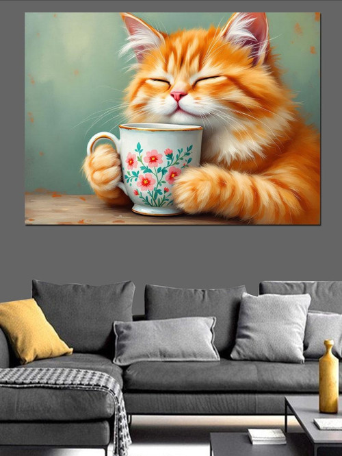 Çay İçen Mutlu Kedi Dekoratif Kanvas - Mdf Ahşap Tablo