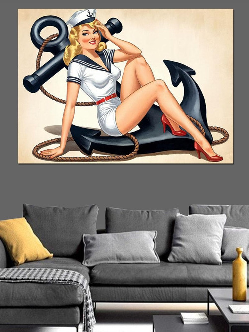 Demir Çapalı Pin-Up Kadın Dekoratif Kanvas - Mdf Ahşap Tablo