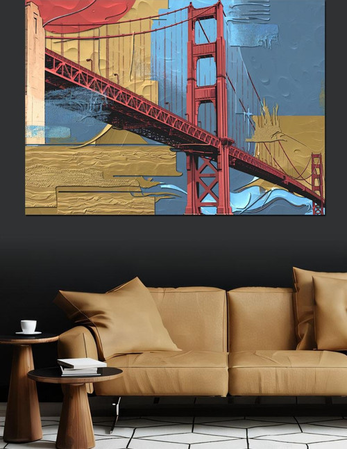 Golden Gate Köprüsü Çizimi Dekoratif Kanvas - Mdf Ahşap Tablo