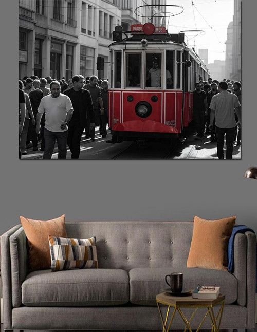 Nostaljik Kırmızı Tramvay Dekoratif Kanvas - Mdf Ahşap Tablo