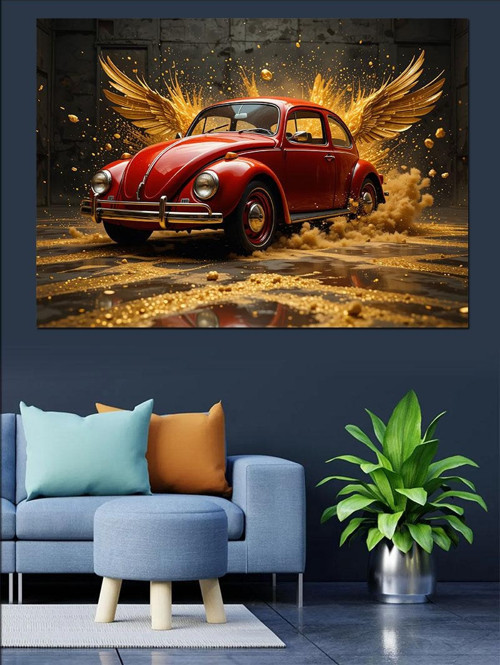 Altın Volkswagen Beetle Dekoratif Kanvas - Mdf Ahşap Tablo