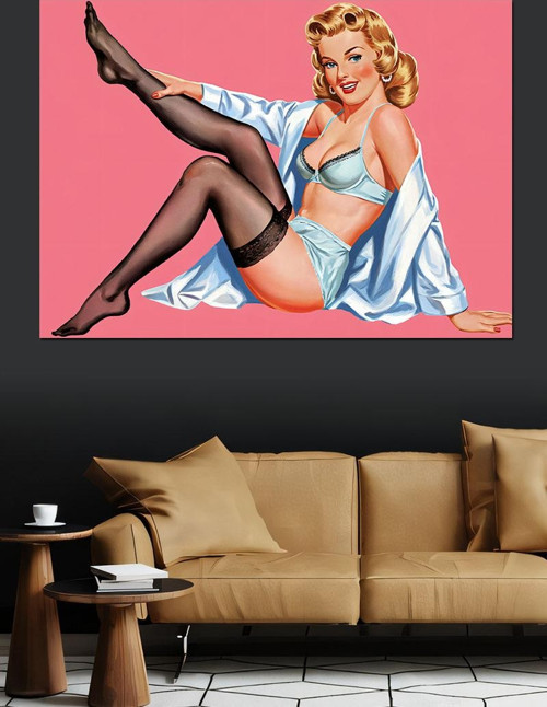 Pin-Up Kız Oturuşu Dekoratif Kanvas - Mdf Ahşap Tablo