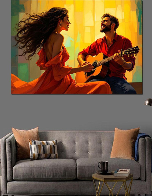 Aşık Çift Gitar Çalıyor Dekoratif Kanvas - Mdf Ahşap Tablo
