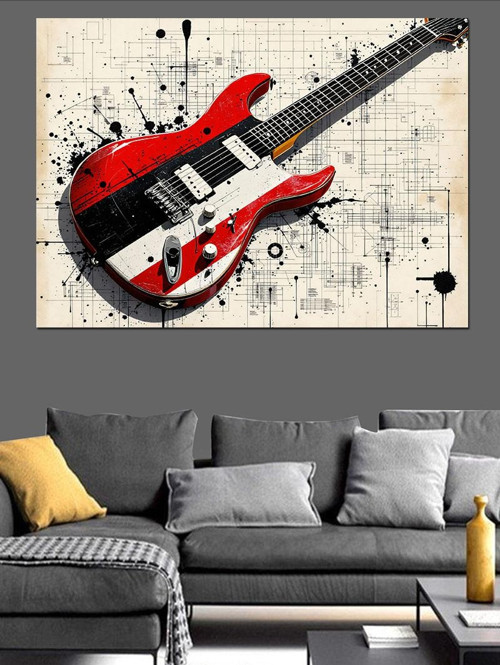 Kırmızı Elektro Gitar Dekoratif Kanvas - Mdf Ahşap Tablo