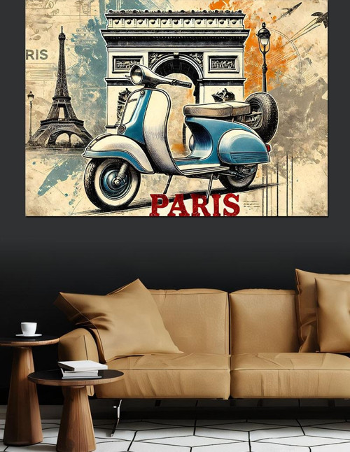 Paris’Te Vespa Motoru Dekoratif Kanvas - Mdf Ahşap Tablo