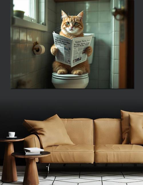 Gazete Okuyan Kedi Dekoratif Kanvas - Mdf Ahşap Tablo
