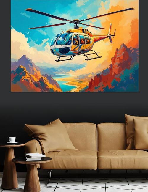 Dağda Helikopter Uçuşu Dekoratif Kanvas - Mdf Ahşap Tablo
