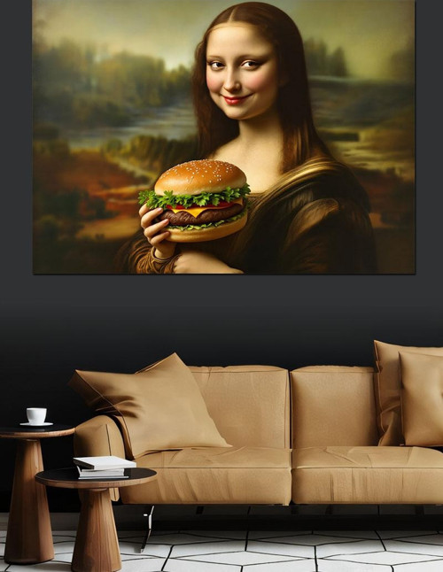 Hamburger Yiyen Mona Lisa Dekoratif Kanvas - Mdf Ahşap Tablo