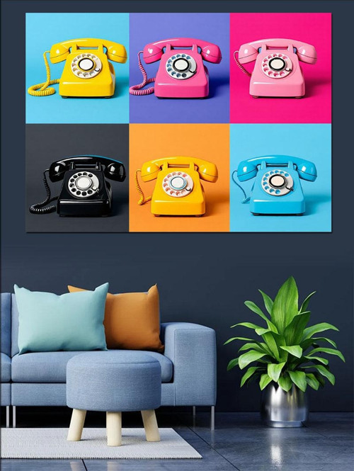 Renkli Retro Telefonlar Dekoratif Kanvas - Mdf Ahşap Tablo