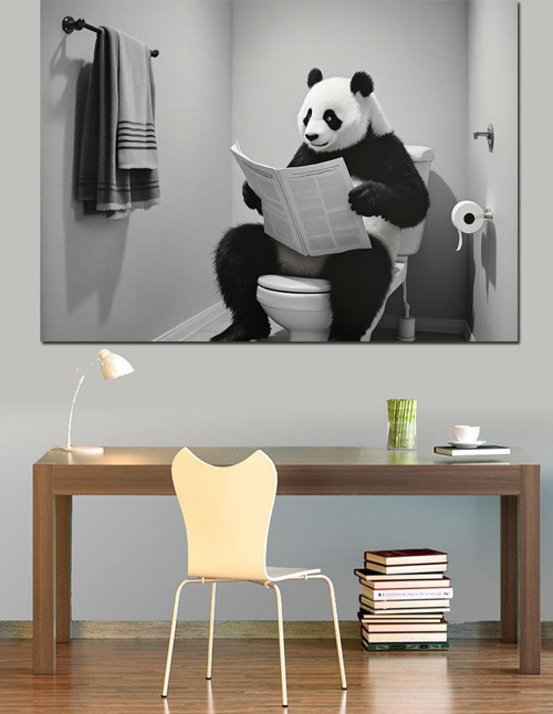 Tuvalette Gazete Okuyan Panda Dekoratif Kanvas - Mdf Ahşap Tablo