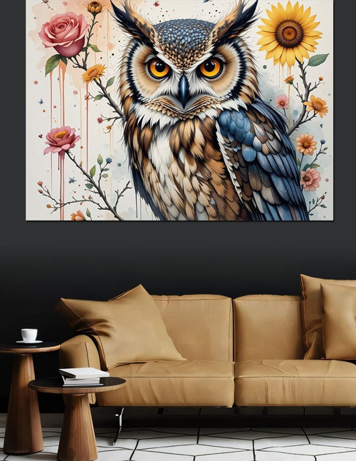 Çiçekli Bilge Baykuş Dekoratif Kanvas - Mdf Ahşap Tablo