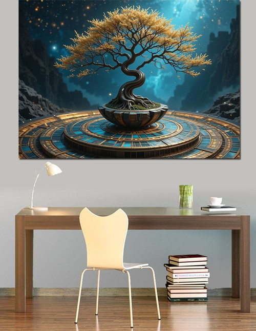 Altın Işıklı Bonsai Ağacı Dekoratif Kanvas - Mdf Ahşap Tablo