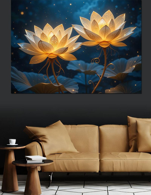 Işıklı Lotus Çiçeği Dekoratif Kanvas - Mdf Ahşap Tablo