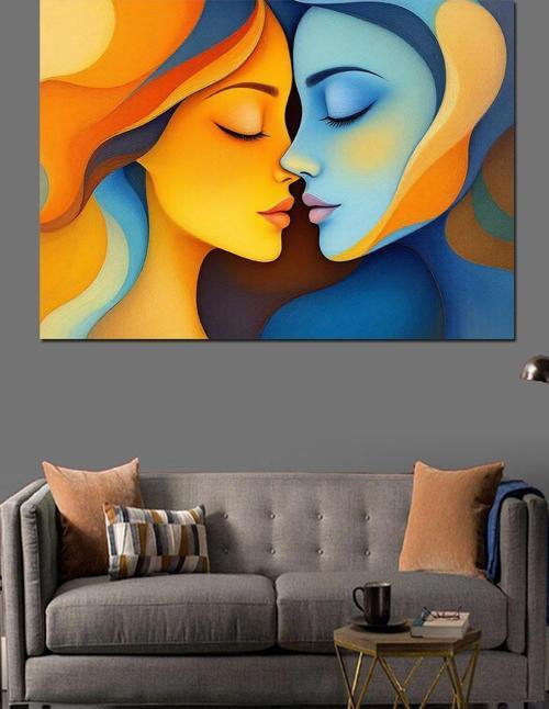 Sarı Mavi Soyut Yüzler Dekoratif Kanvas - Mdf Ahşap Tablo