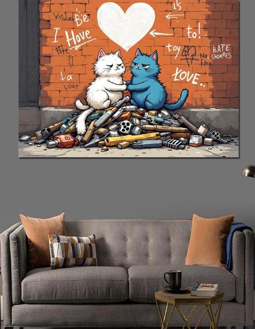 Graffiti Tarzı Aşık Kediler Dekoratif Kanvas - Mdf Ahşap Tablo