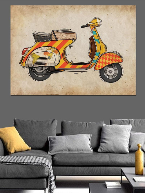 Eskiz Tarzı Kırmızı Scooter Dekoratif Kanvas - Mdf Ahşap Tablo