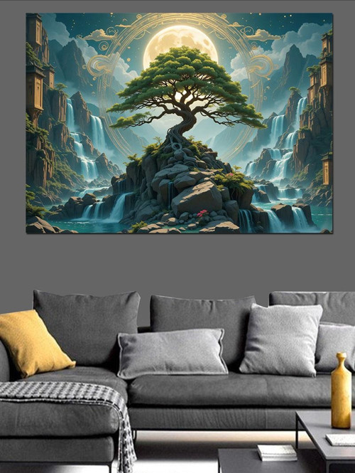 Dağlar Arasında Bonsai Ağaç Dekoratif Kanvas - Mdf Ahşap Tablo