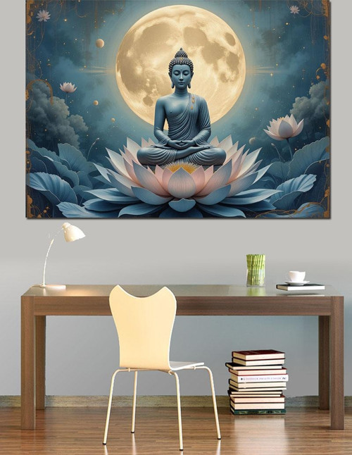 Lotus Üzerinde Meditasyon Buda Dekoratif Kanvas - Mdf Ahşap Tablo
