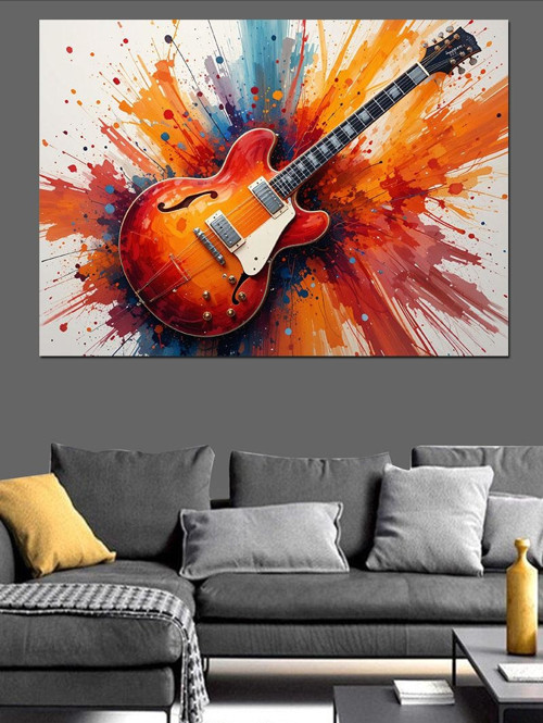 Renk Patlamalı Elektro Gitar Dekoratif Kanvas - Mdf Ahşap Tablo