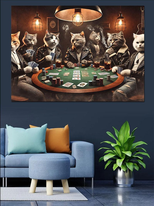 Poker Masasında Oynayan Kediler Dekoratif Kanvas - Mdf Ahşap Tablo