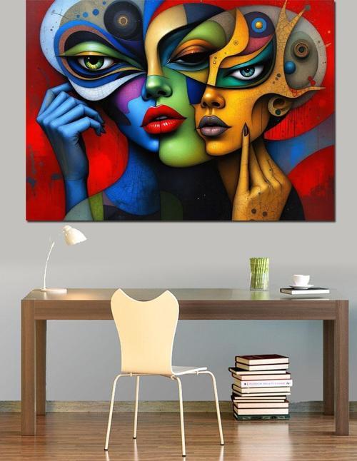 Renkli Soyut Kadın Yüzleri Dekoratif Kanvas - Mdf Ahşap Tablo