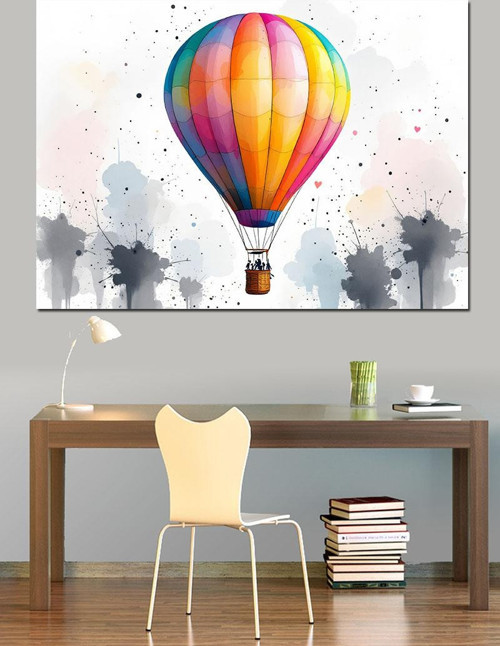 Sulu Boya Sıcak Balon Deseni Dekoratif Kanvas - Mdf Ahşap Tablo