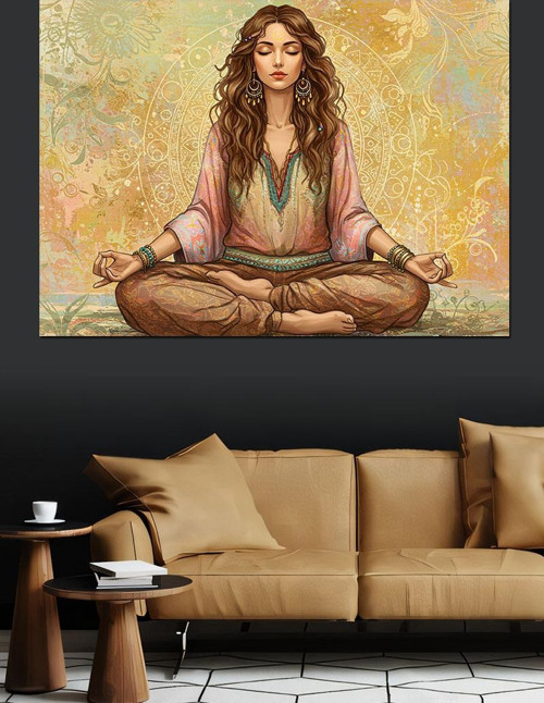 Mandala Önünde Meditasyon Kadın Dekoratif Kanvas - Mdf Ahşap Tablo