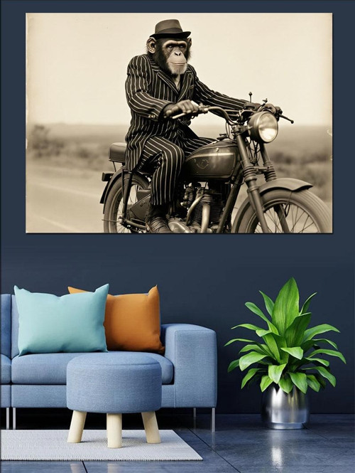 Retro Motosiklet Süren Maymun Dekoratif Kanvas - Mdf Ahşap Tablo
