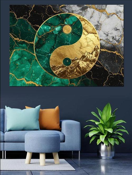 Altın Yeşil Ying Yang Dekoratif Kanvas - Mdf Ahşap Tablo