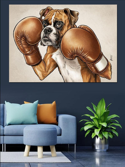 Boks Eldivenli Köpek Karikatür Dekoratif Kanvas - Mdf Ahşap Tablo