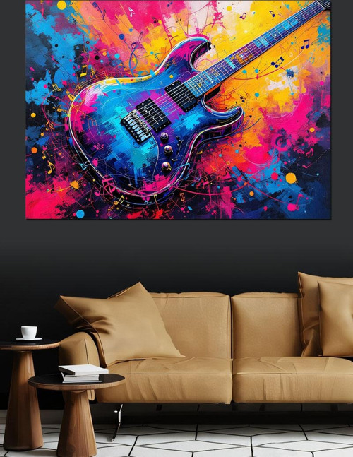 Renk Patlamalı Elektro Gitar Dekoratif Kanvas - Mdf Ahşap Tablo