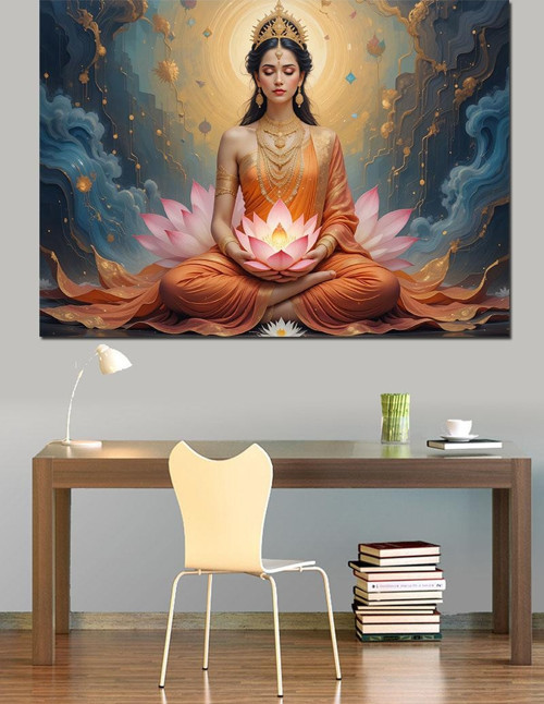 Lotus Üzerinde Meditasyon Yapan Dekoratif Kanvas - Mdf Ahşap Tablo