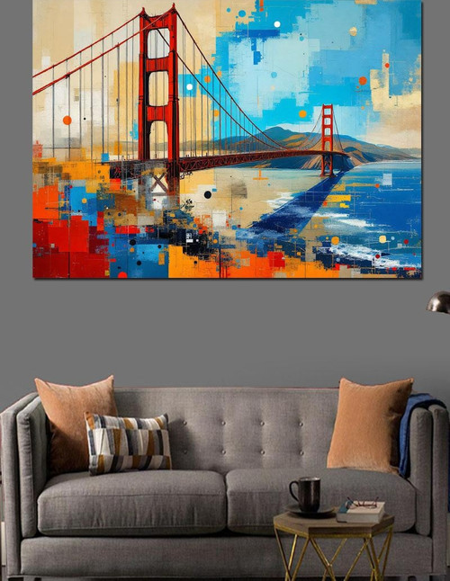 Golden Gate Piksel Renkli Köprü Dekoratif Kanvas - Mdf Ahşap Tablo