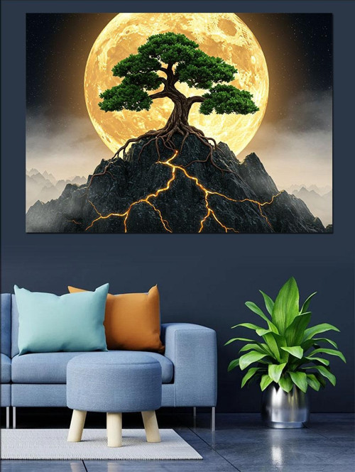 Ay Işığında Bonsai Dağı Dekoratif Kanvas - Mdf Ahşap Tablo