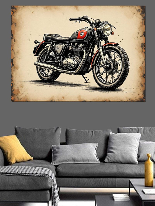 Retro Klasik Siyah Motosiklet Dekoratif Kanvas - Mdf Ahşap Tablo