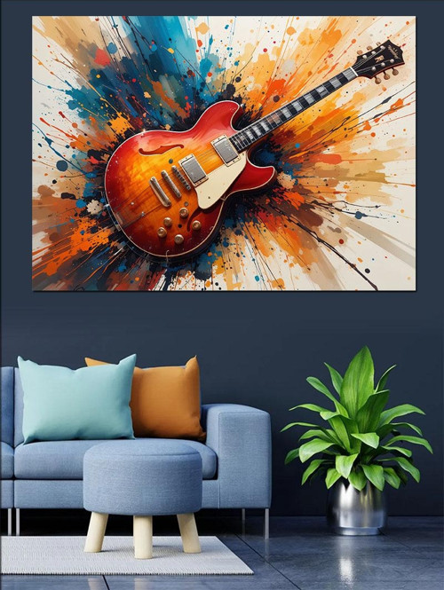 Gitar Çizimi Renk Patlaması Dekoratif Kanvas - Mdf Ahşap Tablo