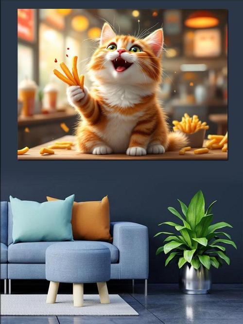 Mutlu Kedi Patates Kızartması Dekoratif Kanvas - Mdf Ahşap Tablo